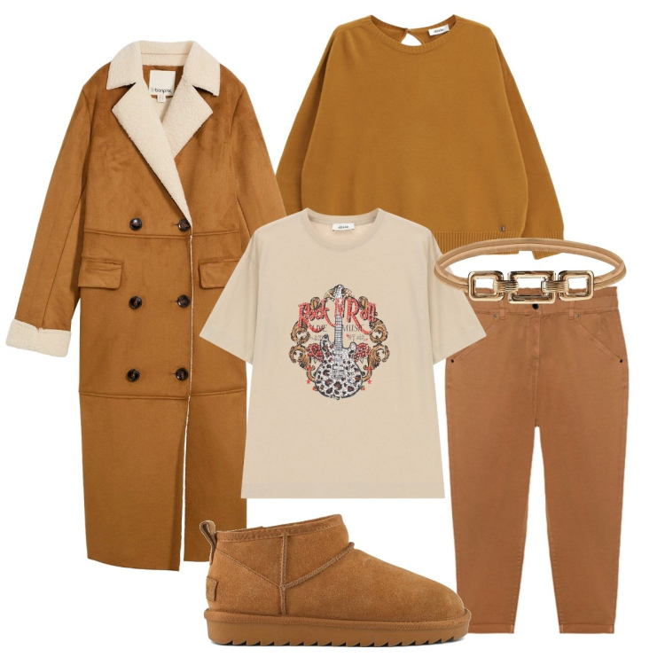 Outfit donna - Look color caramello. Stile Casual chic per Tutti i giorni. Abbinamento con cappotti, cinture, maglieria, t-shirt, pantaloni, stivali.