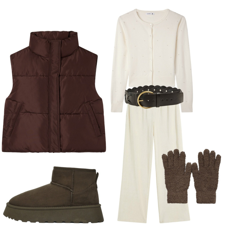Outfit donna - Comfy autunnale. Stile Minimal per Tutti i giorni. Abbinamento con pantaloni, cinture, cardigans, piumini, stivali, guanti.
