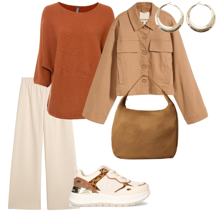 Outfit donna - Look color cammello. per Tutti i giorni. Abbinamento con blazer, pantaloni, maglieria, borse a mano, orecchini, sneakers.