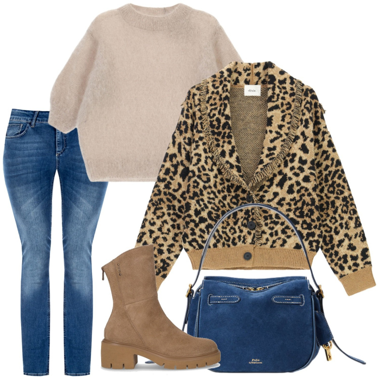 Outfit donna - Comfy autunnale. Stile Casual per Ufficio. Abbinamento con jeans skinny, cardigans, maglieria, borse a mano, stivaletti.