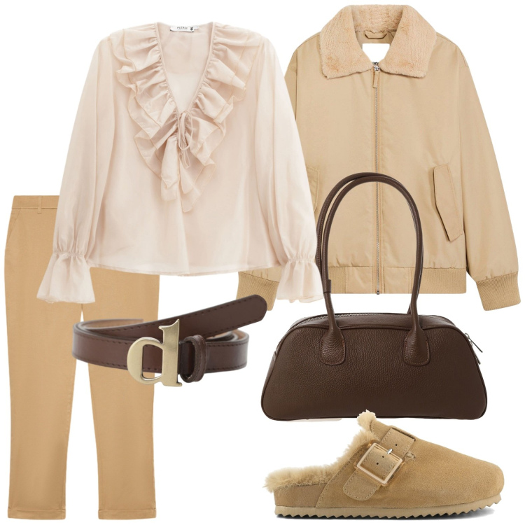 Outfit donna - Comfy autunnale. Stile Bon Ton per Ufficio. Abbinamento con bomber, camicie, cinture, borse a mano, pantaloni chino, sabot.