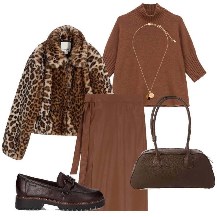 Outfit donna - Color caramello. Stile Bon Ton per Ufficio. Abbinamento con ecopellicce, maglieria, gonne longuette, borse a mano, collane, mocassini.