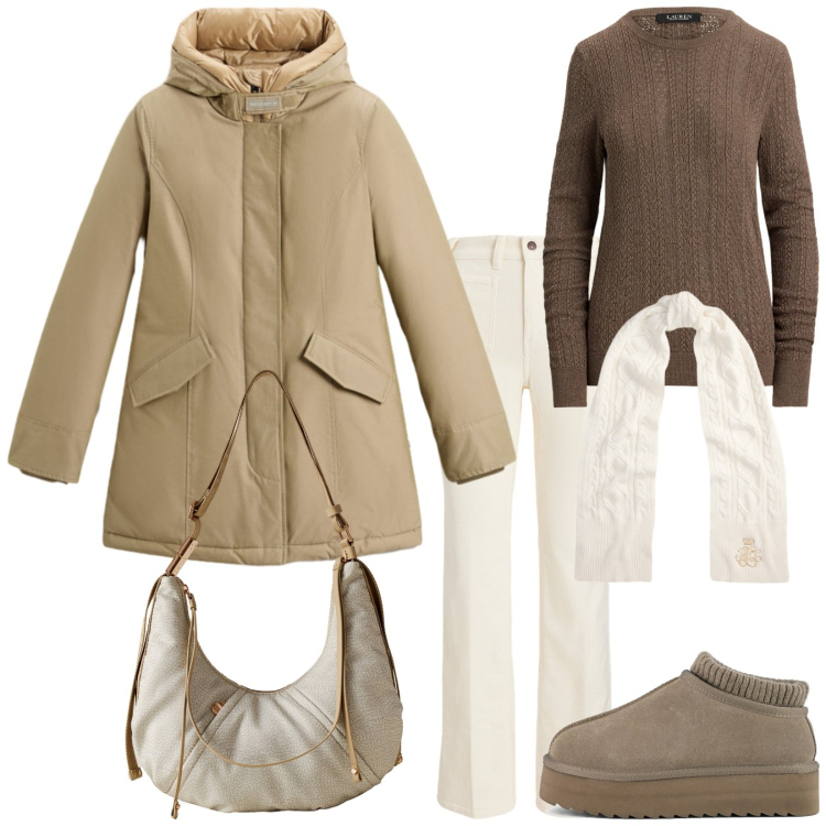 Outfit donna - Freddo? No problem. Stile Casual per Tutti i giorni. Abbinamento con parka, maglieria, pantaloni, sciarpe, borse a spalla, sabot.