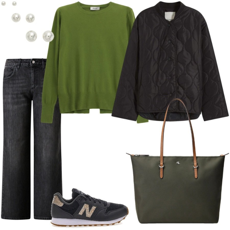 Outfit donna - Commissioni in città. Stile Casual per Tutti i giorni. Abbinamento con giacche, jeans dritti, maglieria, borse tote, orecchini, sneakers.