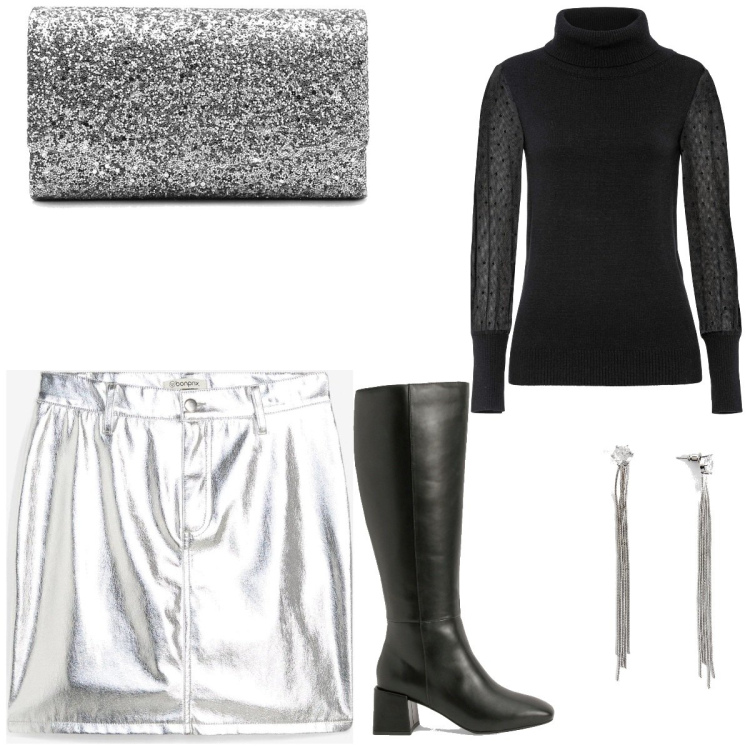 Outfit femme - Soirée métallique. Style Tendance pour Soirée dehors. Assortir avec pulls, minijupes, boucles d'oreilles, pochette, bottes.