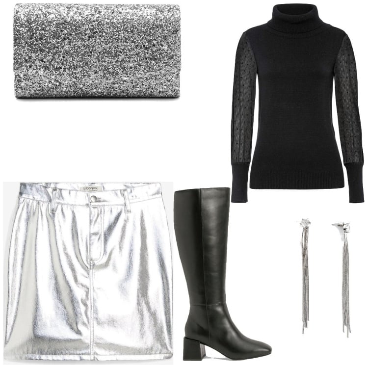 Outfit femme - Soirée métallique. Style Tendance pour Soirée dehors. Assortir avec pulls, minijupes, boucles d'oreilles, pochette, bottes.