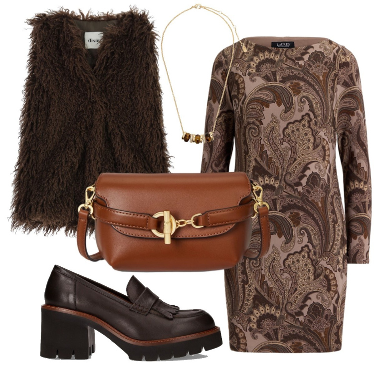 Outfit donna - Il miniabito fantasia. Stile Boho per Serata fuori. Abbinamento con gilet, collane, vestiti, borse a tracolla, décolleté.