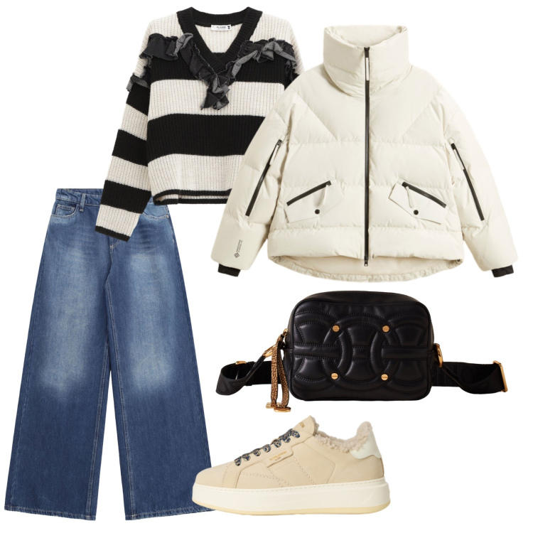 Outfit donna - Passeggiata al parco. Stile Casual per Tutti i giorni. Abbinamento con jeans, maglieria, sneakers, piumini, borse a tracolla.