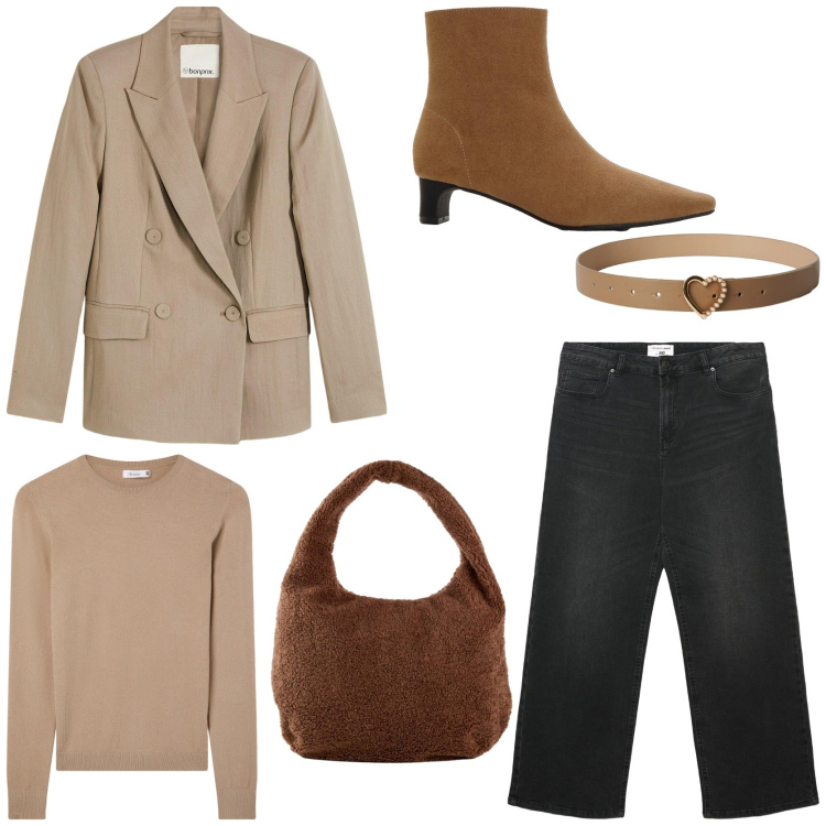 Outfit donna - Color caramello raffinato e versatile. Stile Casual chic per Tutti i giorni. Abbinamento con blazer, stivaletti, shopping bag, cinture, maglieria, jeans.