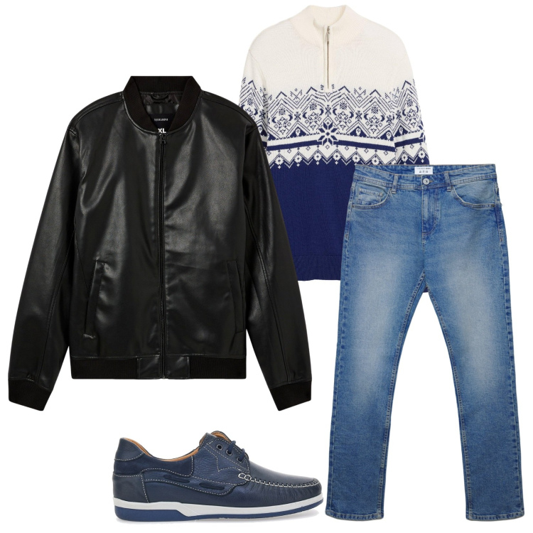 Outfit uomo - Total look #2277300. Stile Casual per Tutti i giorni. Abbinamento con maglieria, bomber, jeans dritti, scarpe stringate.