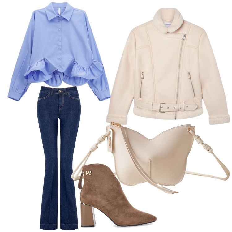 Outfit donna - Sabato a pranzo. Stile Casual chic per Serata fuori. Abbinamento con bomber, jeans a zampa, camicie, borse a tracolla, stivaletti.
