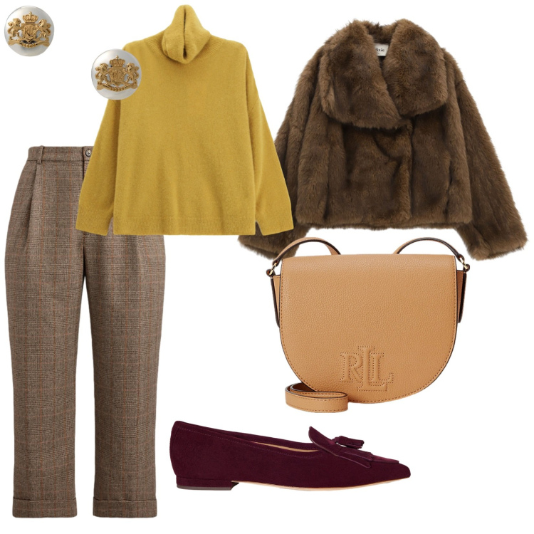 Outfit donna - Look color cammello. per Ufficio. Abbinamento con maglieria, blazer, orecchini, borse a tracolla, pantaloni, ballerine.