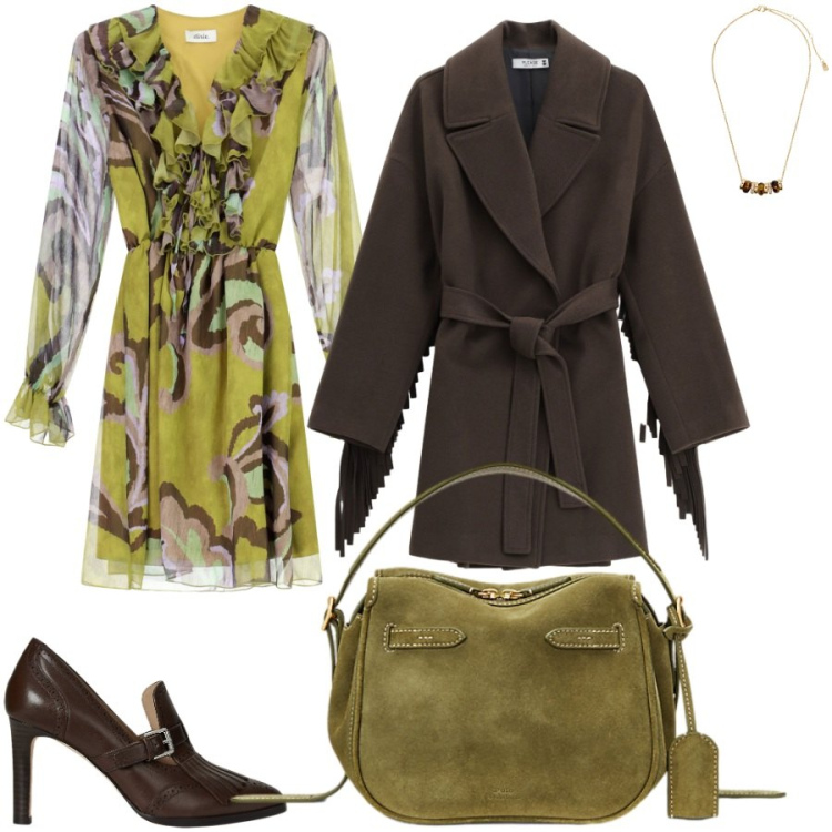 Outfit donna - Romanticaa. Stile Glamour per Serata fuori. Abbinamento con cappotti, vestiti, collane, décolleté, borse a mano.