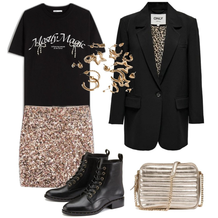 Outfit mujer - Live Concert Chic. Estilo Rock para Noche/Fiesta elegante. Combinación con botines, bolsos de hombro, minifaldas, pendientes, camiseta, blazers.