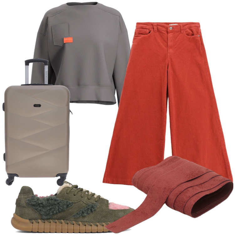Outfit donna - Partenza. Stile Basic per Tutti i giorni. Abbinamento con pantaloni, cinture, valigie, sneakers, felpe.