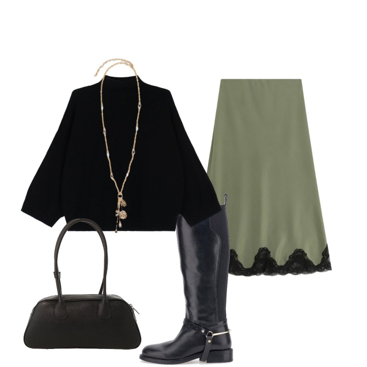 Outfit donna - Romantica con la gonna con il pizzo. Stile Romantica per Tutti i giorni. Abbinamento con maglieria, borse a mano, gonne lunghe, ciondoli, stivali.