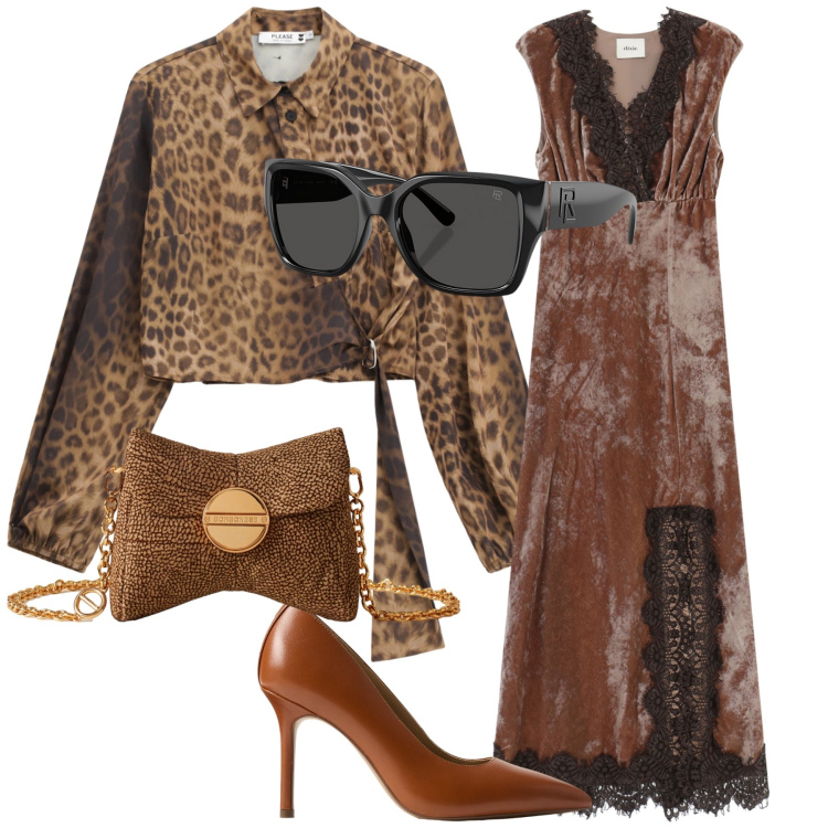 Outfit donna - Cerimonia ruggente, ma chic e wow. Stile Glamour per Cerimonia. Abbinamento con camicie, vestiti lunghi, occhiali da sole, décolleté, borse a tracolla.