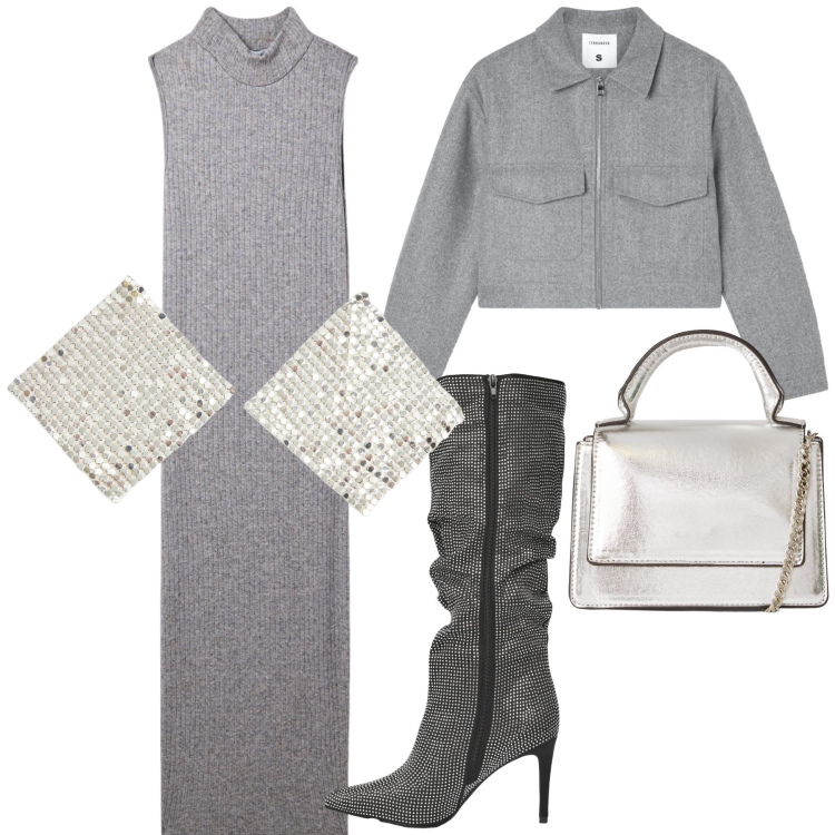 Outfit donna - Silver night. Stile Glamour per Serata fuori. Abbinamento con orecchini, vestiti senza maniche, borse a tracolla, blazer, stivali.