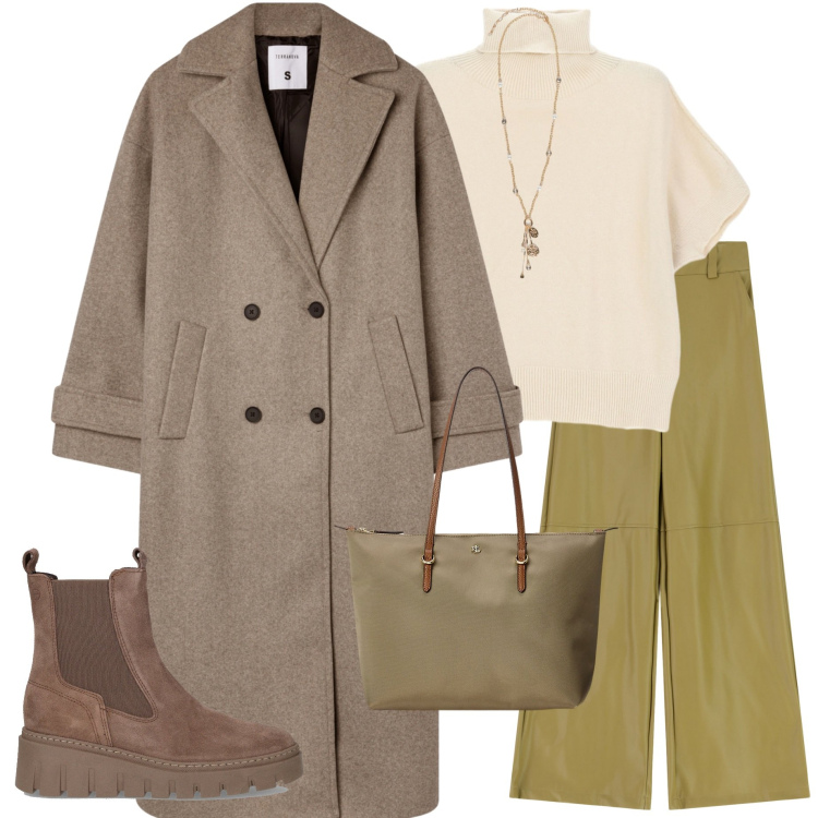 Outfit donna - Look color caramello. Stile Urban per Tutti i giorni. Abbinamento con cappotti, maglieria, pantaloni a palazzo, borse tote, ciondoli, stivaletti chelsea.