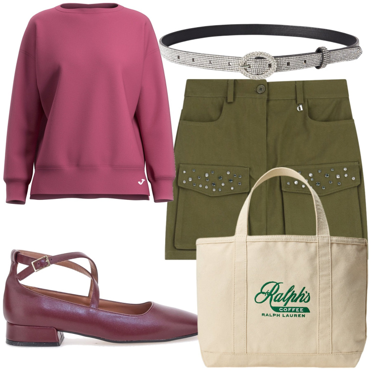 Outfit donna - Una girl brillante. Stile Preppy per Tutti i giorni. Abbinamento con cinture, minigonne, borse tote, ballerine, felpe.