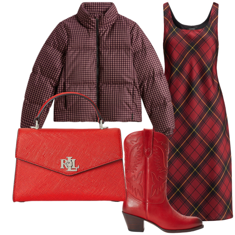 Outfit donna - Allegramente in scozzese. Stile Trendy per Ufficio. Abbinamento con piumini, borse a mano, stivali, vestiti senza maniche.