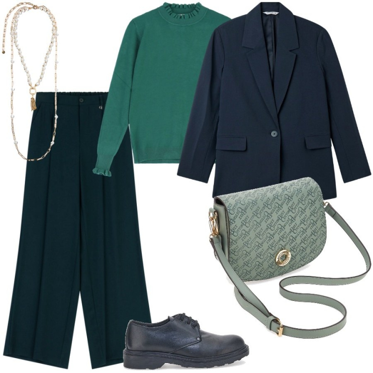 Outfit donna - Verde speranza. Stile Casual per Ufficio. Abbinamento con blazer, maglieria, pantaloni a palazzo, scarpe stringate, borse a tracolla, collane.