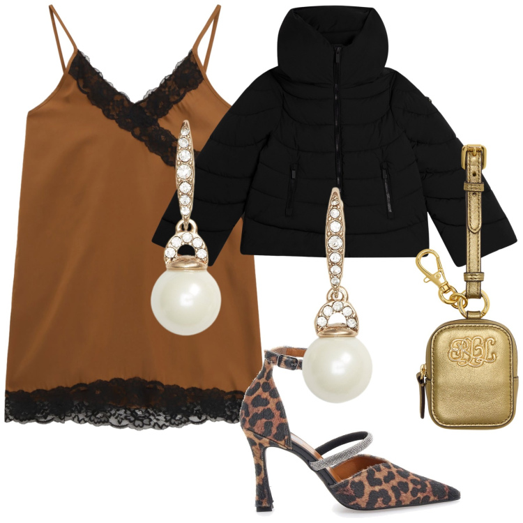 Outfit donna - Anniversario a deux. Stile Sexy per Serata fuori. Abbinamento con vestiti corti, piumini, orecchini, pochette, décolleté.