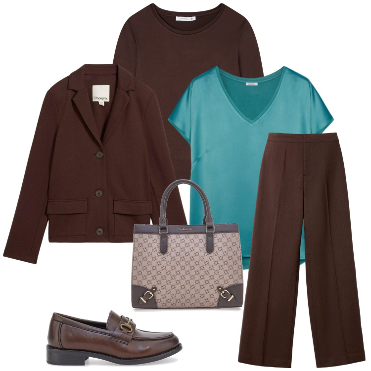 Outfit donna - Total look #2277335. Stile Casual chic per Ufficio. Abbinamento con blazer, t-shirt, pantaloni, mocassini, borse a tracolla, bluse.
