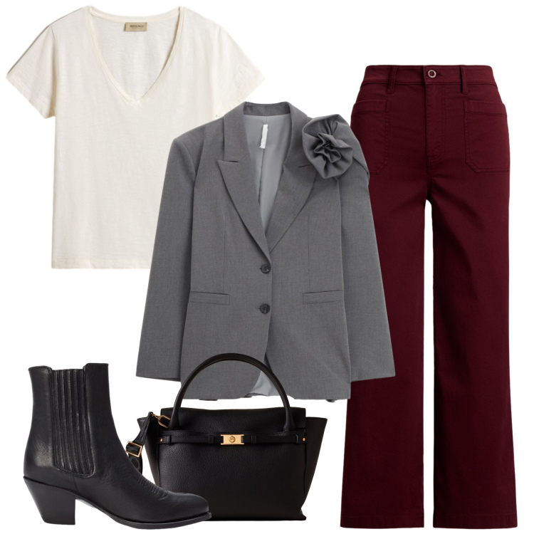 Outfit donna - Novembre. Stile Chic per Ufficio. Abbinamento con t-shirt, blazer, stivaletti texani, pantaloni, borse a mano.