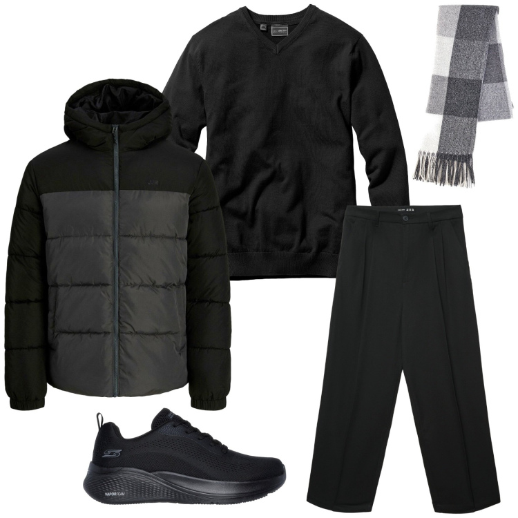 Outfit uomo - Total look #2277339. Stile Urban per Tutti i giorni. Abbinamento con piumini, maglieria, pantaloni, sneakers, sciarpe.