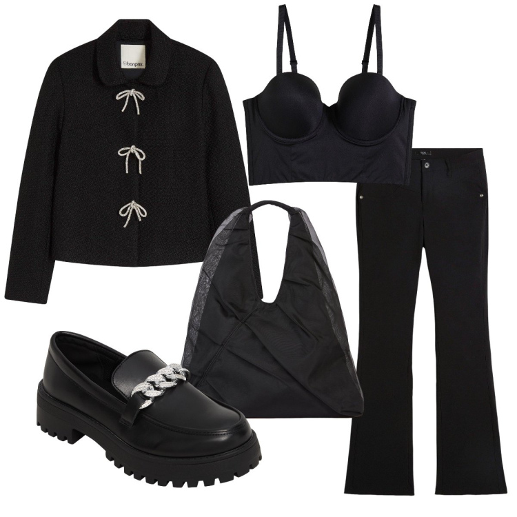 Outfit donna - Nero coi fiocchi. Stile Sexy per Serata fuori. Abbinamento con pantaloni, blazer, canottiere, mocassini, shopping bag.
