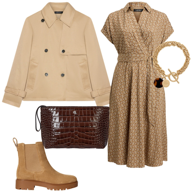 Outfit donna - Look color cammello. per Tutti i giorni. Abbinamento con pochette, braccialetti con ciondoli, stivaletti chelsea, vestiti chemisier, trench.