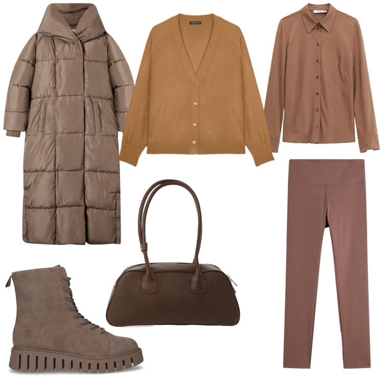 Outfit donna - Caramello monochromatic. Stile Casual per Tutti i giorni. Abbinamento con cappotti, camicie, borse a mano, leggings, anfibi, cardigans.