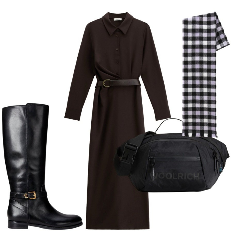 Outfit donna - Total Black Mood. Stile Basic per Tutti i giorni. Abbinamento con vestiti lunghi, borse a tracolla, sciarpe, stivali.