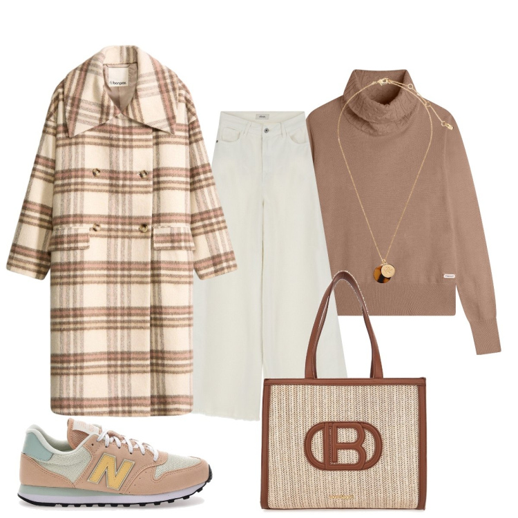 Outfit donna - In città. Stile Casual chic per Ufficio. Abbinamento con cappotti, maglieria, pantaloni, collane, borse a spalla, sneakers.