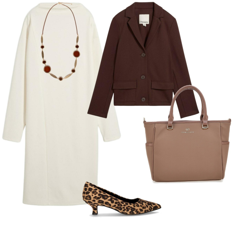 Outfit donna - Scarpe maculato. per Ufficio. Abbinamento con blazer, vestiti midi/longuette, décolleté, borse a tracolla, collane.