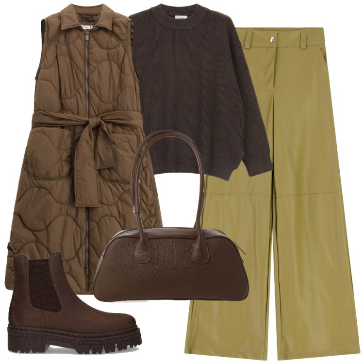 Outfit donna - Look color caramello - FDCI. Stile Trendy per Tutti i giorni. Abbinamento con blazer, pantaloni a palazzo, borse a mano, maglieria, stivaletti chelsea.