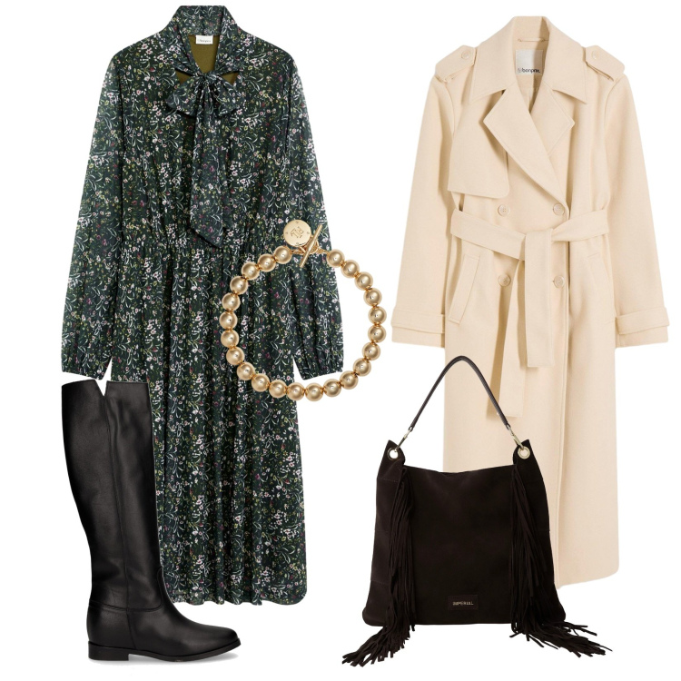 Outfit donna - Primi freschi. Stile Casual per Ufficio. Abbinamento con trench, vestiti, borse a spalla, braccialetti, stivali.