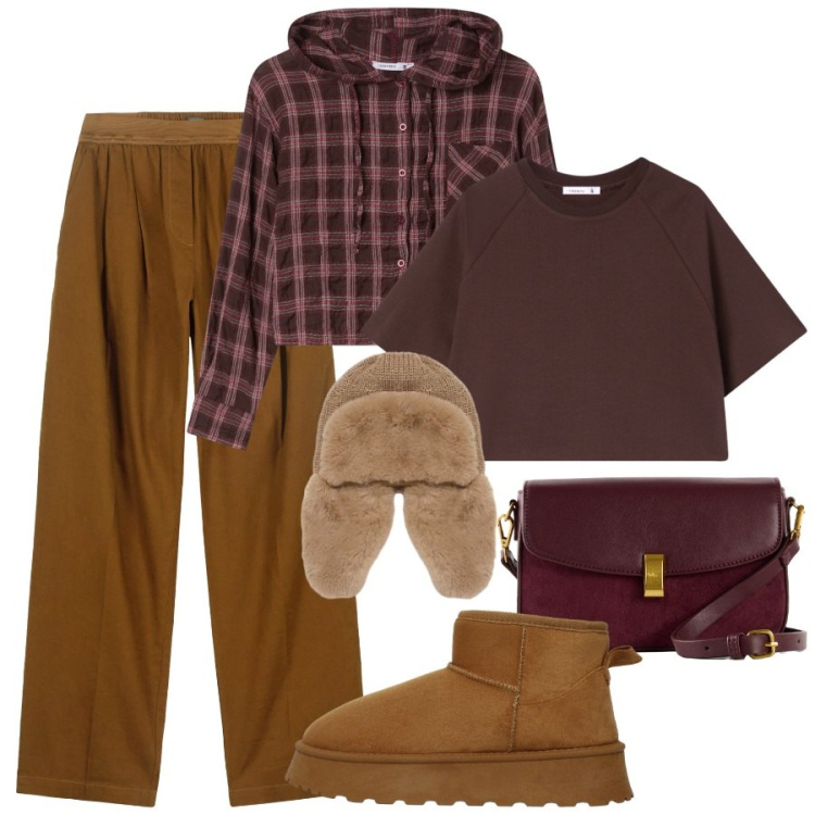 Outfit donna - Look color caramello - Focus Donna Curvy. Stile Sporty chic per Tutti i giorni. Abbinamento con borse a mano, stivali, camicie, t-shirt, berretti, pantaloni.