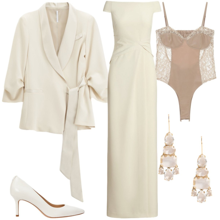 Outfit donna - Sposa di novembre. Stile Chic per Cerimonia. Abbinamento con blazer, body, vestiti lunghi, décolleté, orecchini.