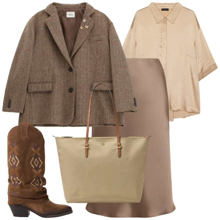 Outfit donna - Look color caramello - Focus Donna Curvy. Stile Chic per Tutti i giorni. Abbinamento con stivali, blazer, borse tote, gonne, camicie.