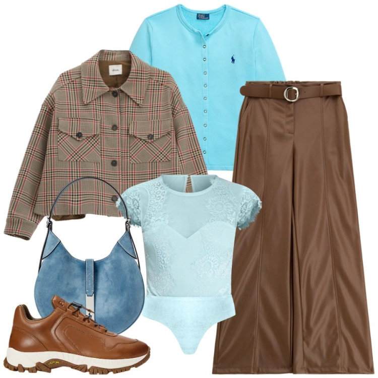 Outfit donna - Azzurro e cacao. Stile Trendy per Tutti i giorni. Abbinamento con body, pantaloni, cappotti, borse a spalla, sneakers, cardigans.