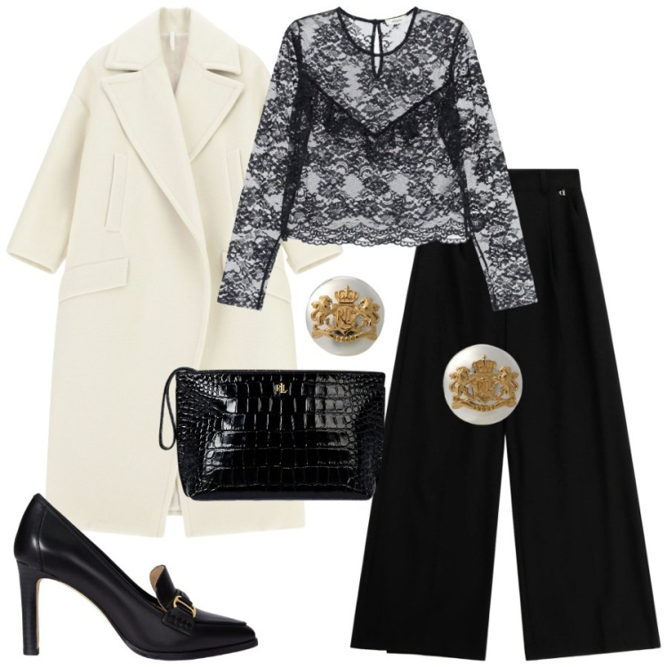 Outfit donna - Cappotto bianco per una serata elegante. Stile Chic per Serata fuori. Abbinamento con cappotti, camicie, pantaloni a palazzo, orecchini, pochette, décolleté.