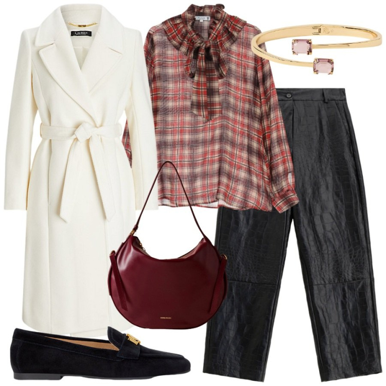 Outfit donna - Cappotto bianco e blusa check. Stile Chic per Ufficio. Abbinamento con bluse, pantaloni, borse a spalla, cappotti, mocassini, braccialetti.