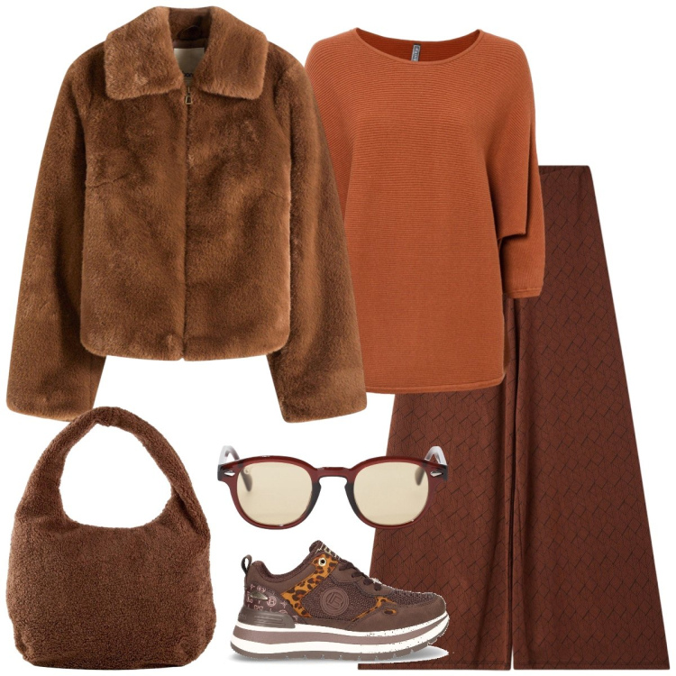 Outfit donna - Total look #2277366. Stile Casual chic per Tutti i giorni. Abbinamento con ecopellicce, shopping bag, maglieria, pantaloni, occhiali da sole, sneakers.