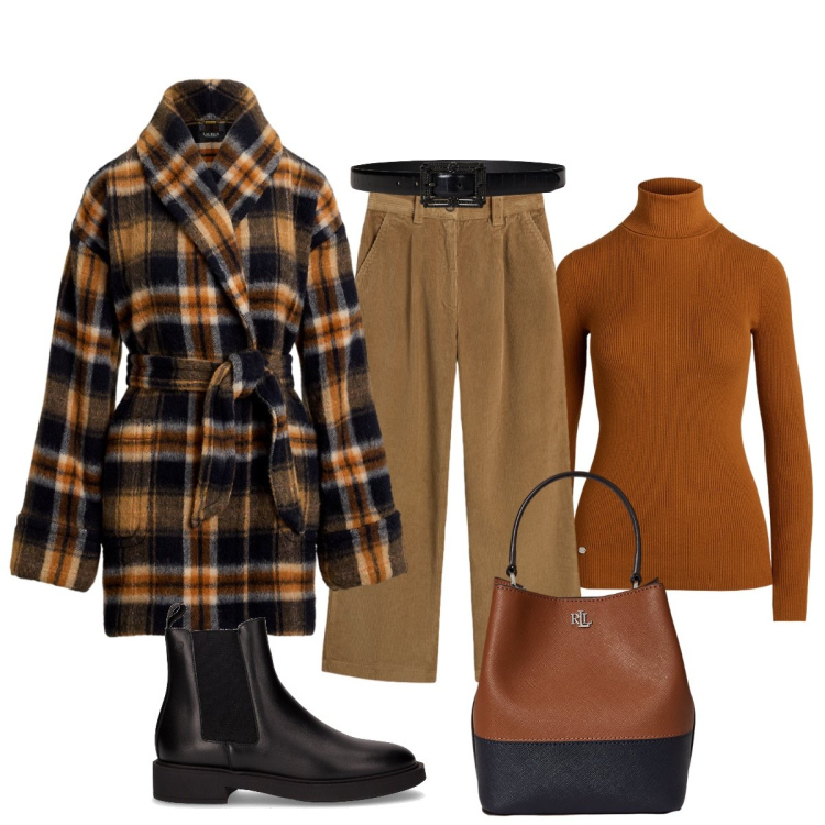 Outfit donna - Colori che…riscaldano. Stile Bon Ton per Ufficio. Abbinamento con pantaloni, cappotti, borse a secchiello, maglieria, cinture, stivaletti.