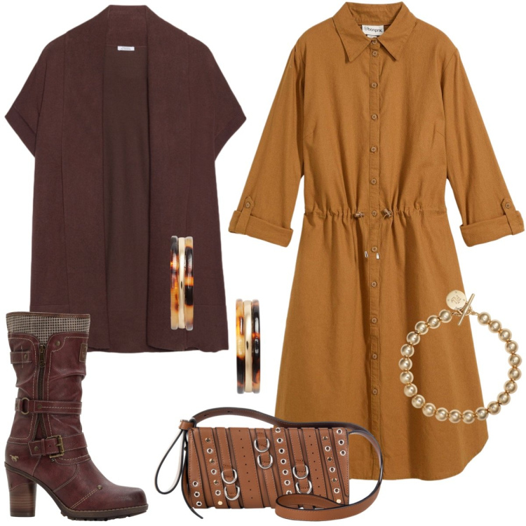 Outfit donna - Total look #2277369. Stile Casual per Tutti i giorni. Abbinamento con vestiti chemisier, stivali, borse a spalla, orecchini, braccialetti, cardigans.