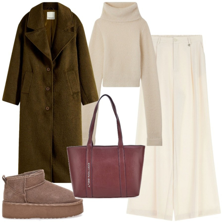 Outfit donna - Un giro in centro. Stile Urban per Tutti i giorni. Abbinamento con cappotti, maglieria, pantaloni a palazzo, shopping bag, sabot.