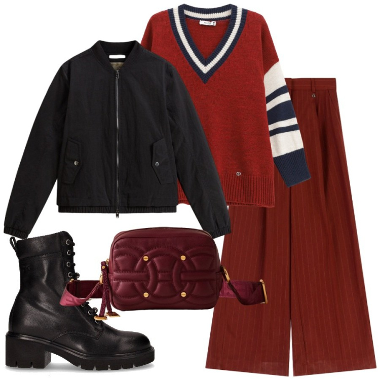 Outfit donna - Burgundy e nero. Stile Urban per Tutti i giorni. Abbinamento con maglieria, pantaloni a palazzo, bomber, borse a tracolla, anfibi.