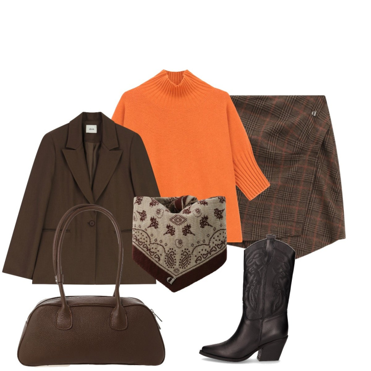 Outfit donna - Lezione all’università. Stile Preppy per Scuola/Università. Abbinamento con maglieria, blazer, borse a mano, minigonne, foulard, stivali.